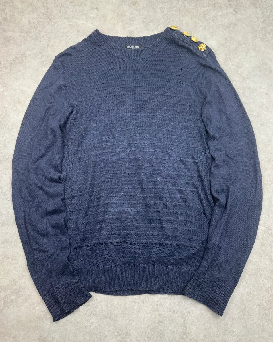 SS2017 Balmain Navy Distressed Button Sweater dbBjJjt 0