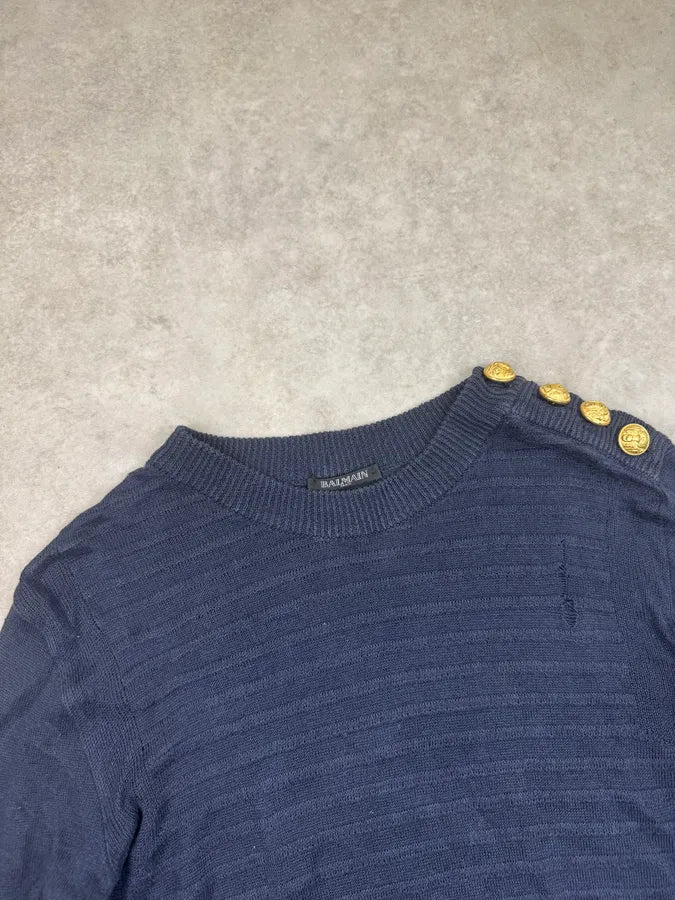 SS2017 Balmain Navy Distressed Button Sweater dbBjJjt 10