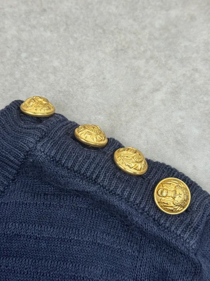 SS2017 Balmain Navy Distressed Buttoned Sweater dbBjJjt 7