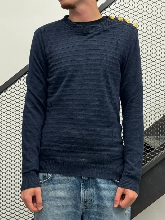 SS2017 Balmain Navy Distressed Button Sweater dbBjJjt 1