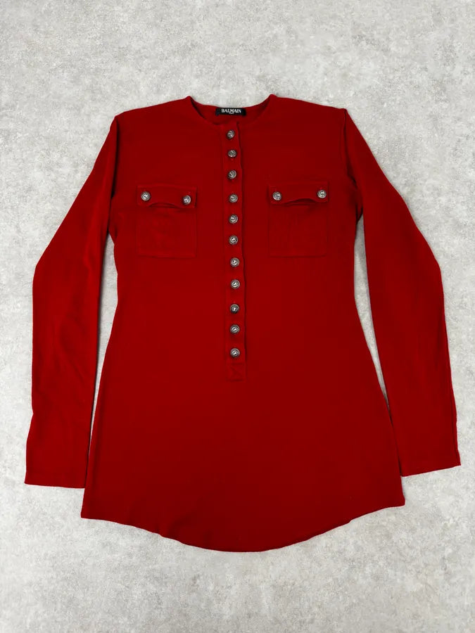 2000s Balmain Red Buttoned Blouse Longsleeve T-Shirt bIMwySF 0