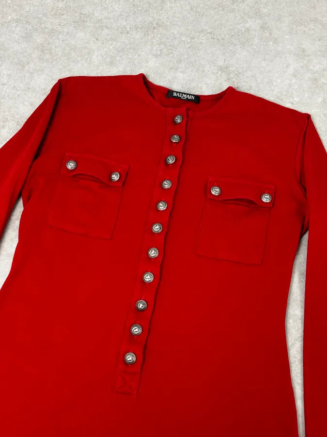 2000s Balmain Red Buttoned Blouse Longsleeve T-Shirt bIMwySF 4