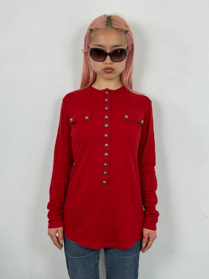 2000s Balmain Red Buttoned Blouse Longsleeve T-Shirt bIMwySF 1