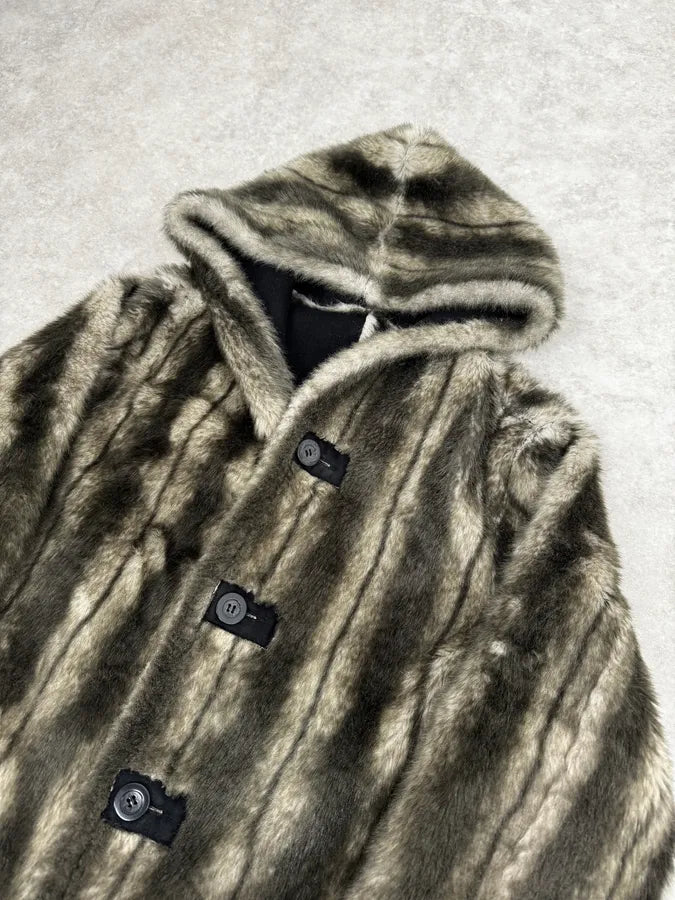 2000s Balmain Reversible Faux Fur Brown Suede Beige Hooded Jacket rsGfZpv 9