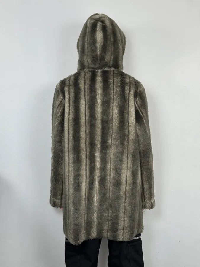 2000s Balmain Reversible Faux Fur Brown Suede Beige Hooded Jacket rsGfZpv 5