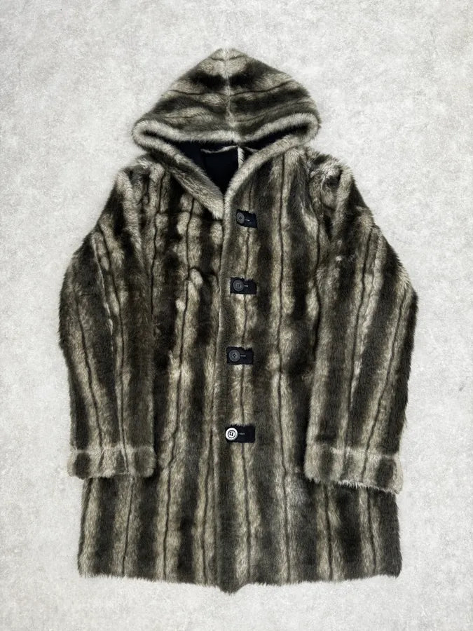 2000s Balmain Reversible Faux Fur Brown Suede Beige Hooded Jacket rsGfZpv 6