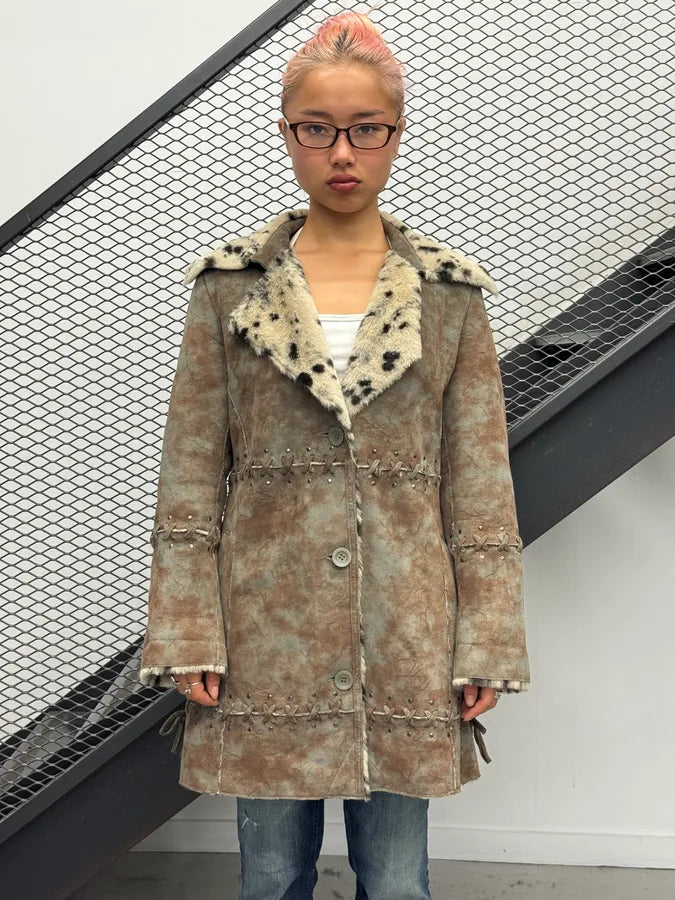 2000s Balmain Eroded Brown & Taupe Suede Faux Fur Dalmatian Collar Coat XSZysnT 1