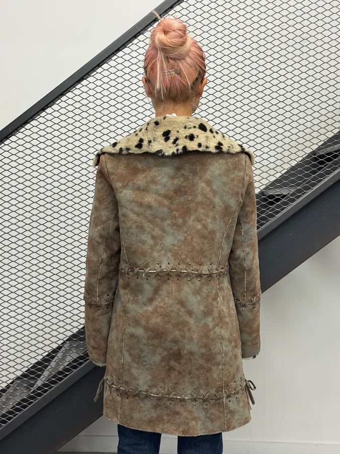 2000s Balmain Eroded Brown & Taupe Suede Faux Fur Dalmatian Collar Coat XSZysnT 3