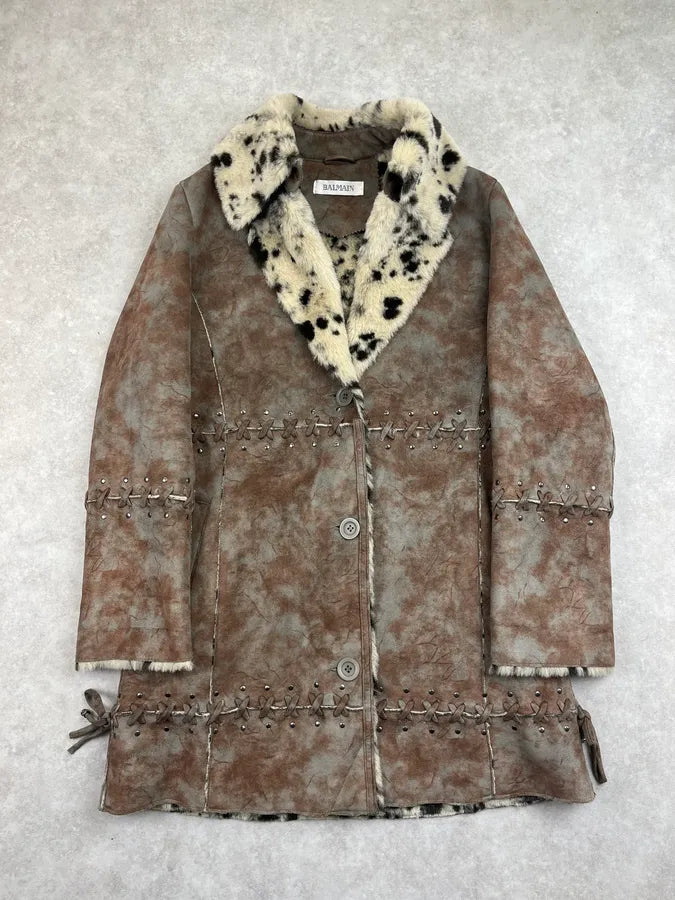 2000s Balmain Eroded Brown & Taupe Suede Faux Fur Dalmatian Collar Coat XSZysnT 0