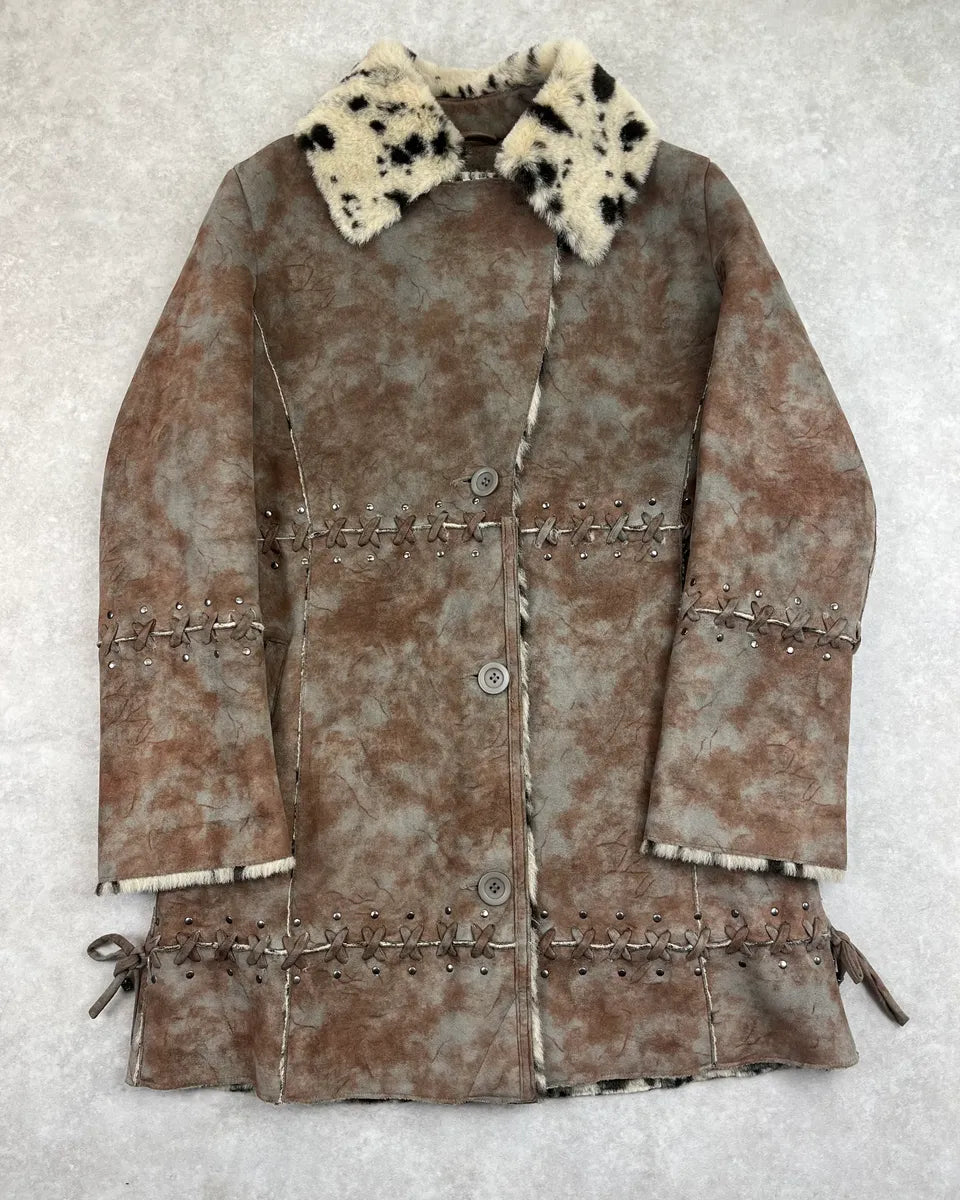 2000s Balmain Eroded Brown & Taupe Suede Faux Fur Dalmatian Collar Coat XSZysnT 2