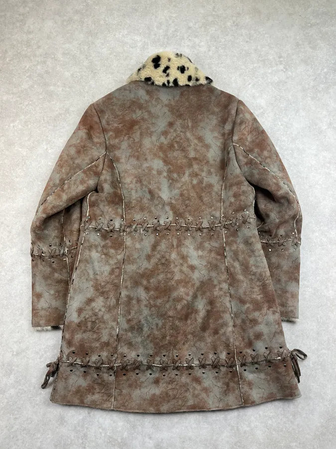 2000s Balmain Eroded Brown & Taupe Suede Faux Fur Dalmatian Collar Coat XSZysnT 5