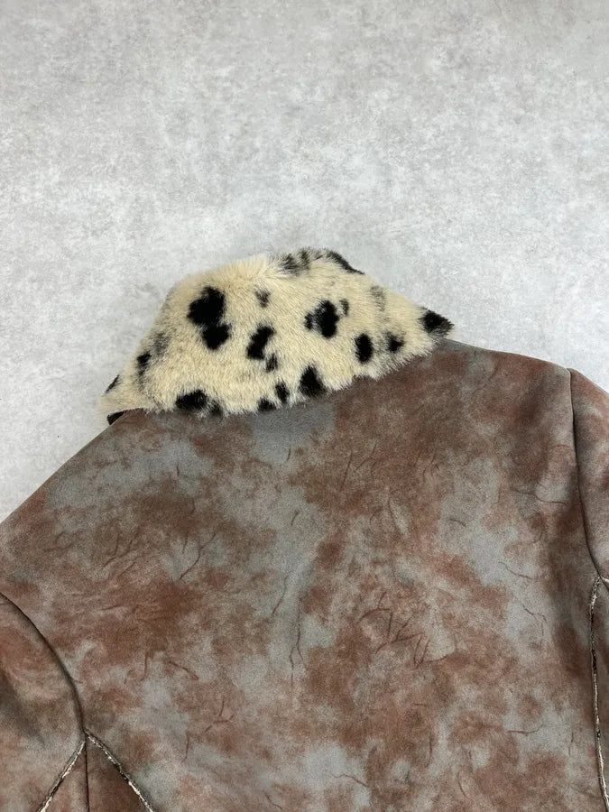 2000s Balmain Eroded Brown & Taupe Suede Faux Fur Dalmatian Collar Coat XSZysnT 6