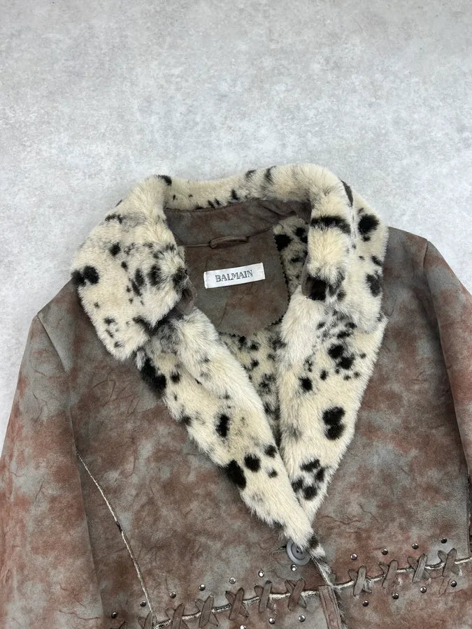 2000s Balmain Eroded Brown & Taupe Suede Faux Fur Dalmatian Collar Coat XSZysnT 4