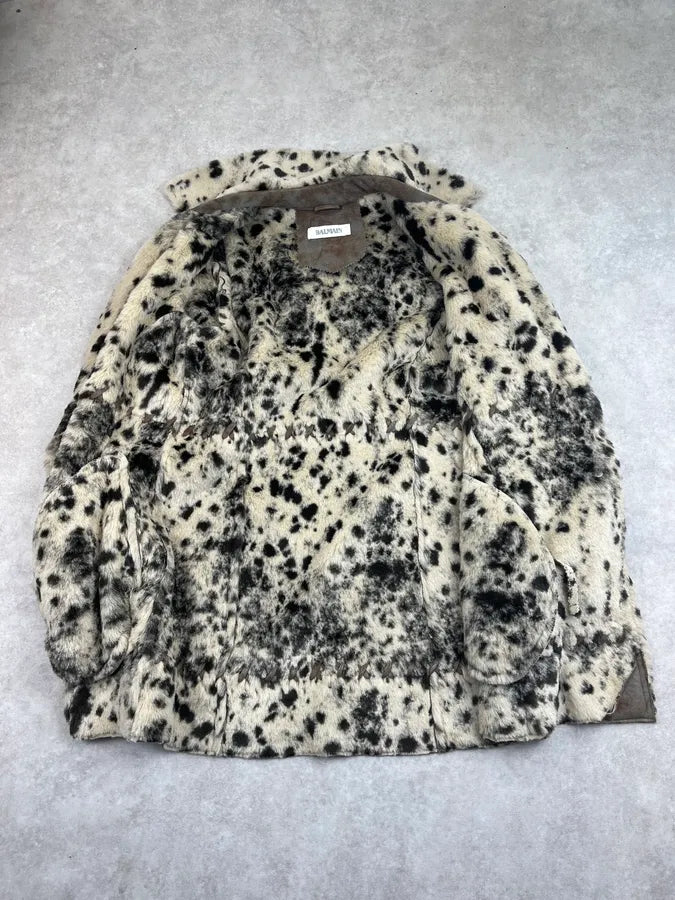 2000s Balmain Eroded Brown & Taupe Suede Faux Fur Dalmatian Collar Coat XSZysnT 7