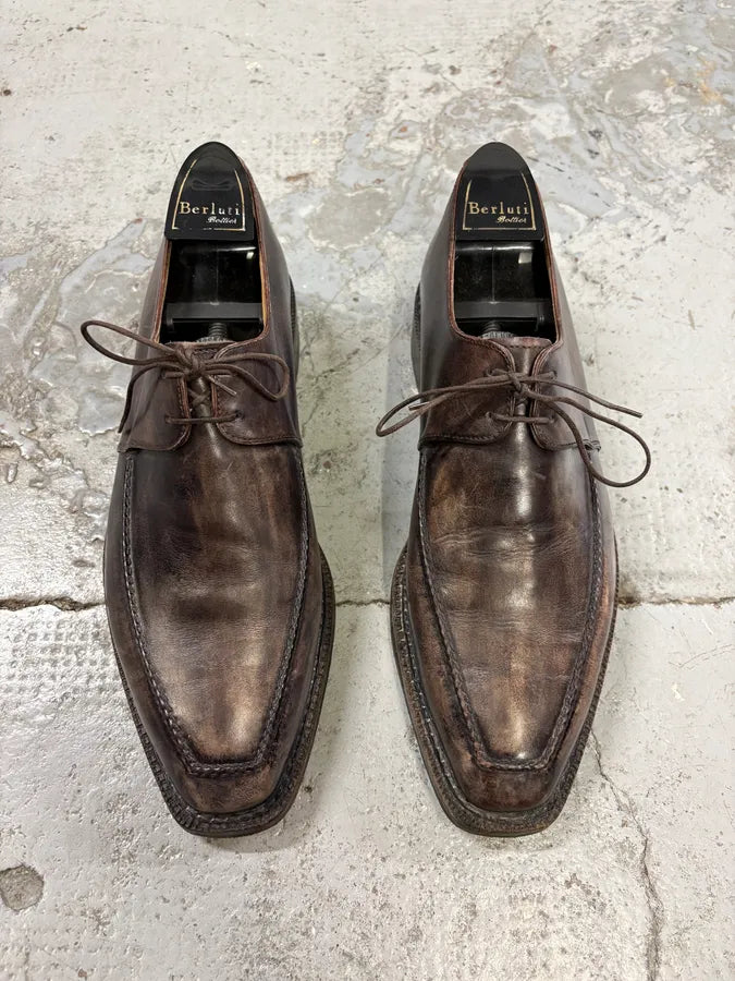 2000s Berluti Brown Eroded Leather Derby Shoes zQsQydp 1
