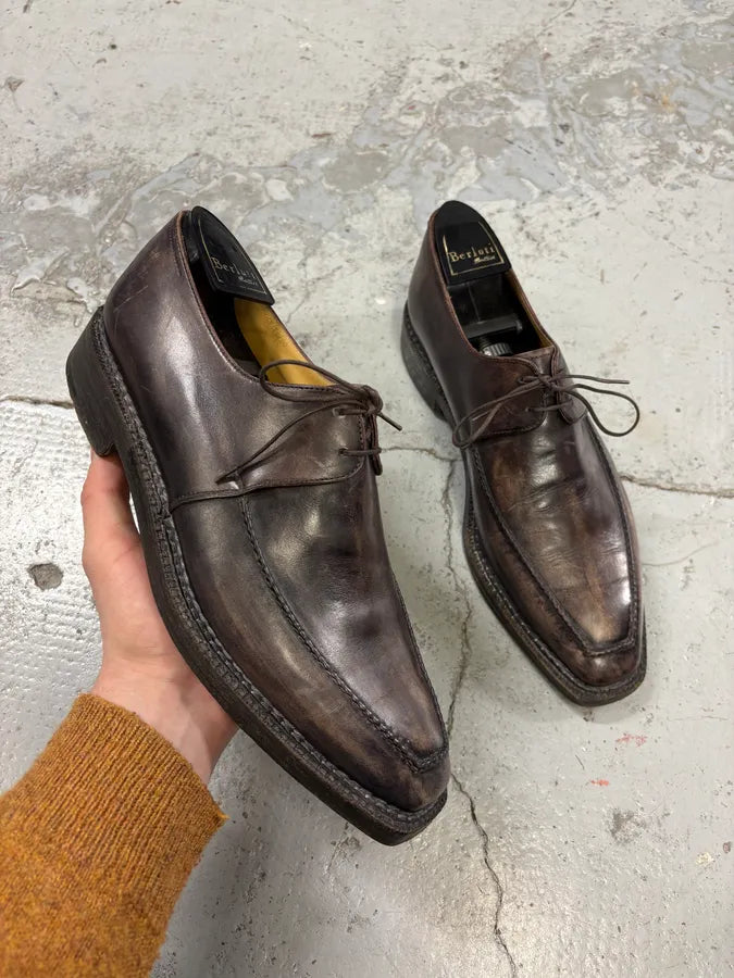 2000s Berluti Brown Eroded Leather Derby Shoes zQsQydp 0