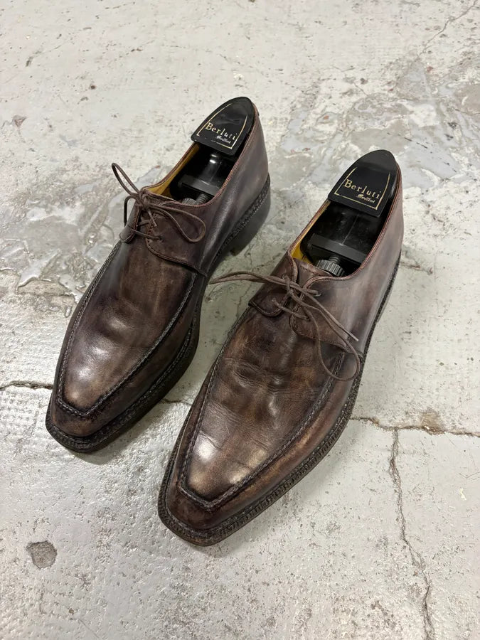 2000s Berluti Brown Eroded Leather Derby Shoes zQsQydp 2
