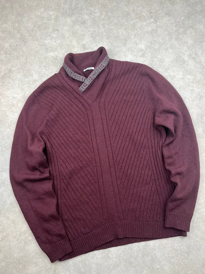 2000s Bikkembergs Bordeaux Wool Ribbed V-Neck Sweater qleCllB 3