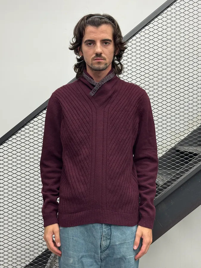 2000s Bikkembergs Bordeaux Wool Ribbed V-Neck Sweater qleCllB 1
