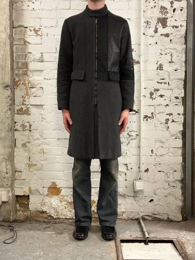 2000s Bikkembergs Dark Grey Hybrid Wool & Leather Coat EHyhOig 1