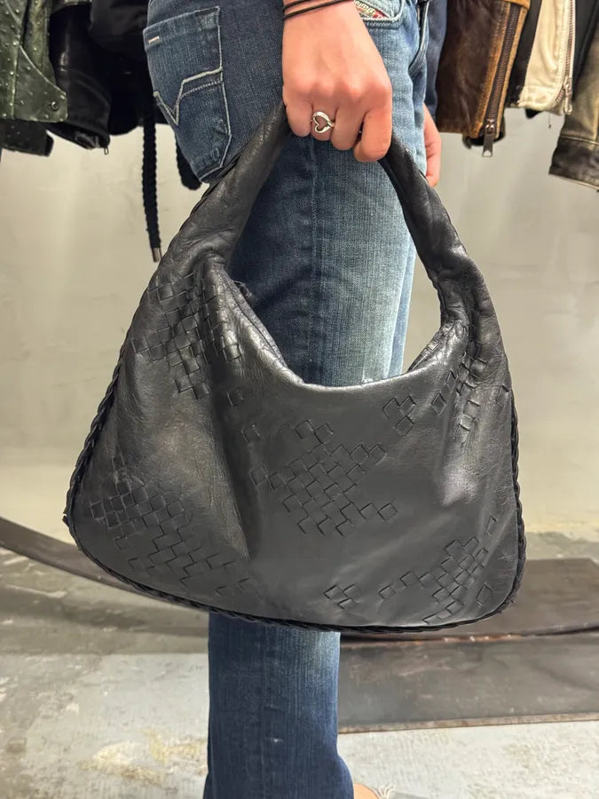 2000s Bottega Veneta Black Leather Intrecciato Hobo Bag anQzOvt 1