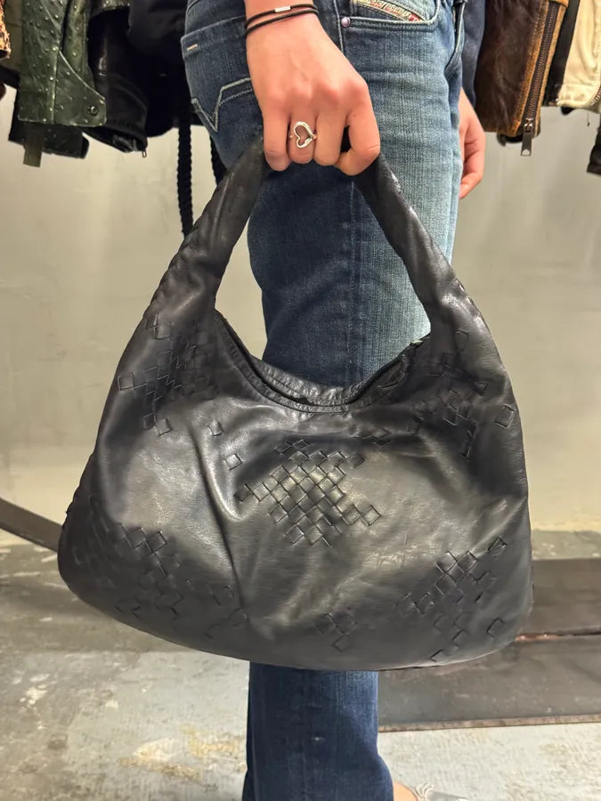 2000s Bottega Veneta Black Leather Intrecciato Hobo Bag anQzOvt 2