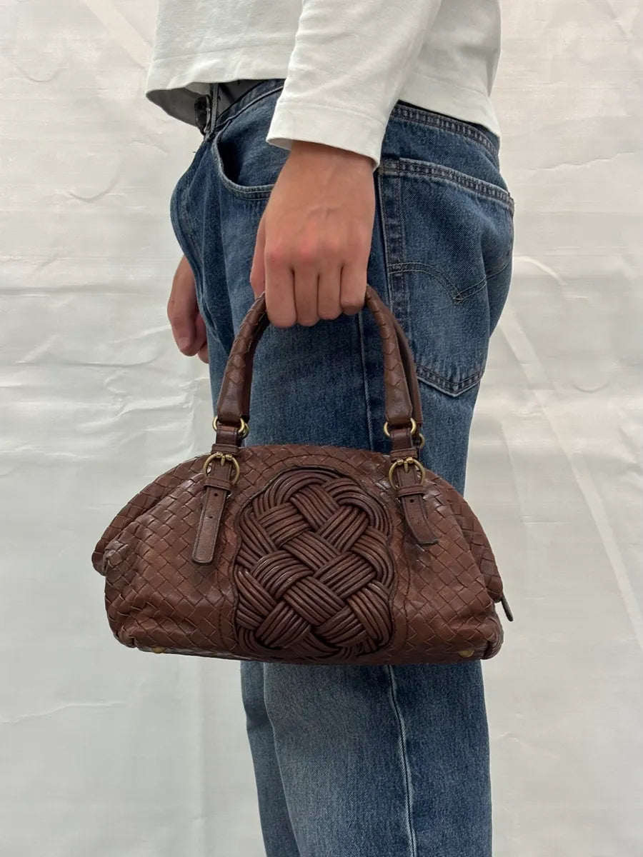 2000s Bottega Veneta Brown Leather Intrecciato Handle Bag by Tomas Maier Likezkp 1