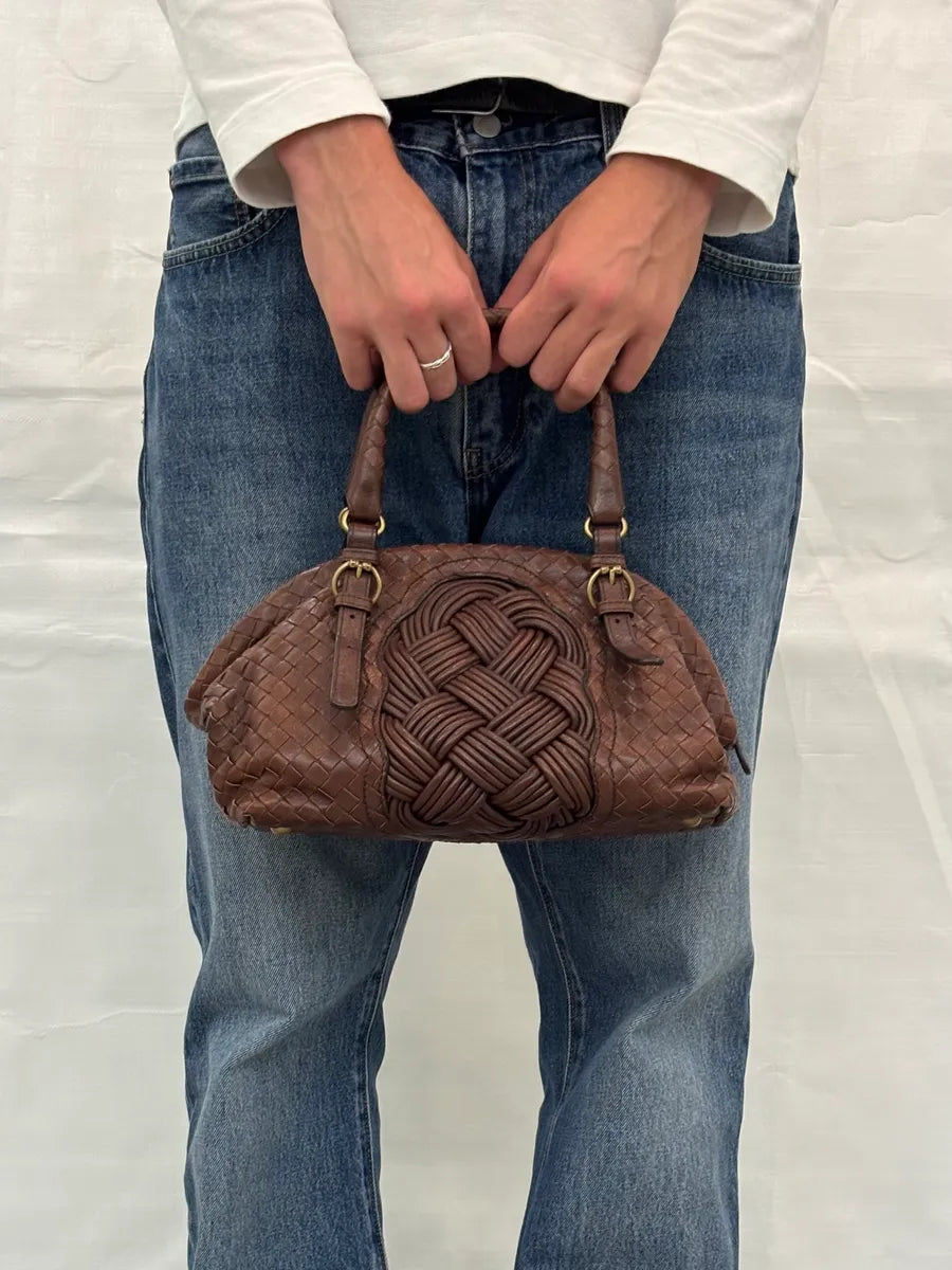 2000s Bottega Veneta Brown Leather Intrecciato Handle Bag by Tomas Maier Likezkp 2