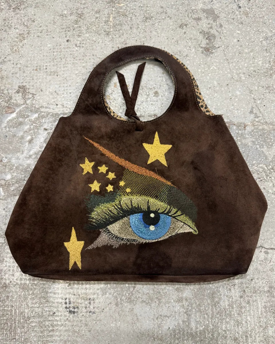 2000s Brown Blue Eye Suede Leopard Lining Handle Bag (OS) VPWpDzB 0