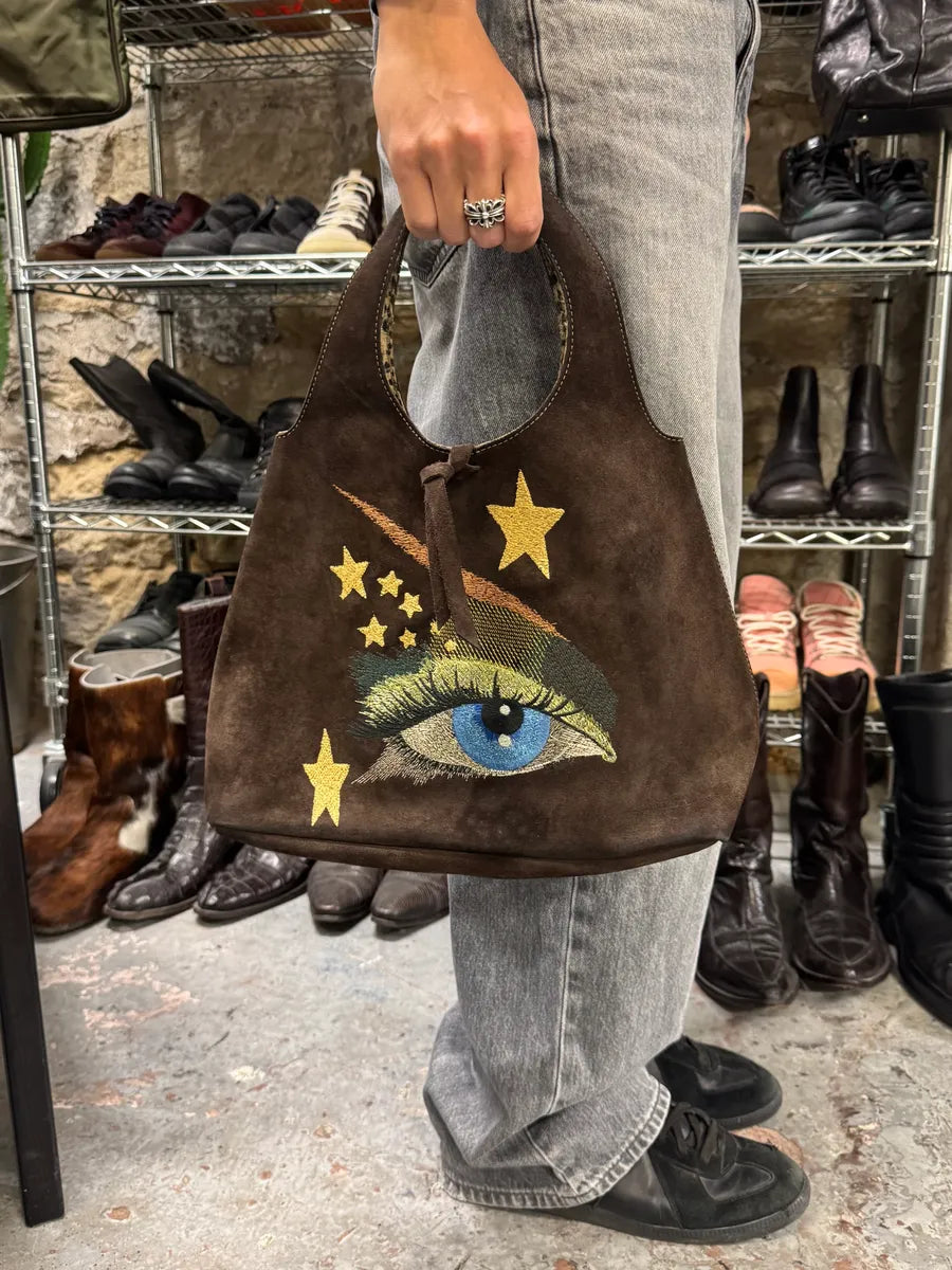 2000s Brown Blue Eye Suede Leopard Lining Handle Bag (OS) VPWpDzB 1