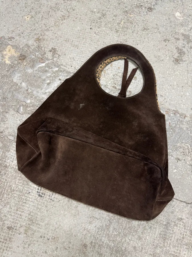 2000s Brown Blue Eye Suede Leopard Lining Handle Bag (OS) VPWpDzB 2