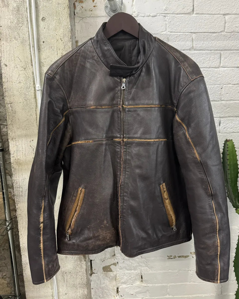 2000s Brown Italian Leather Pony Hair Leopard Biker Jacket SfINCtl 0