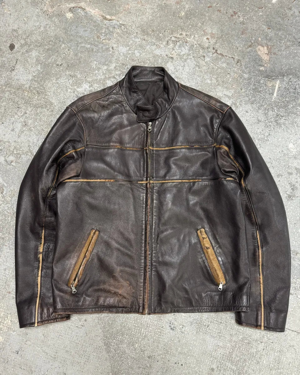 2000s Brown Italian Leather Pony Hair Leopard Biker Jacket SfINCtl 1