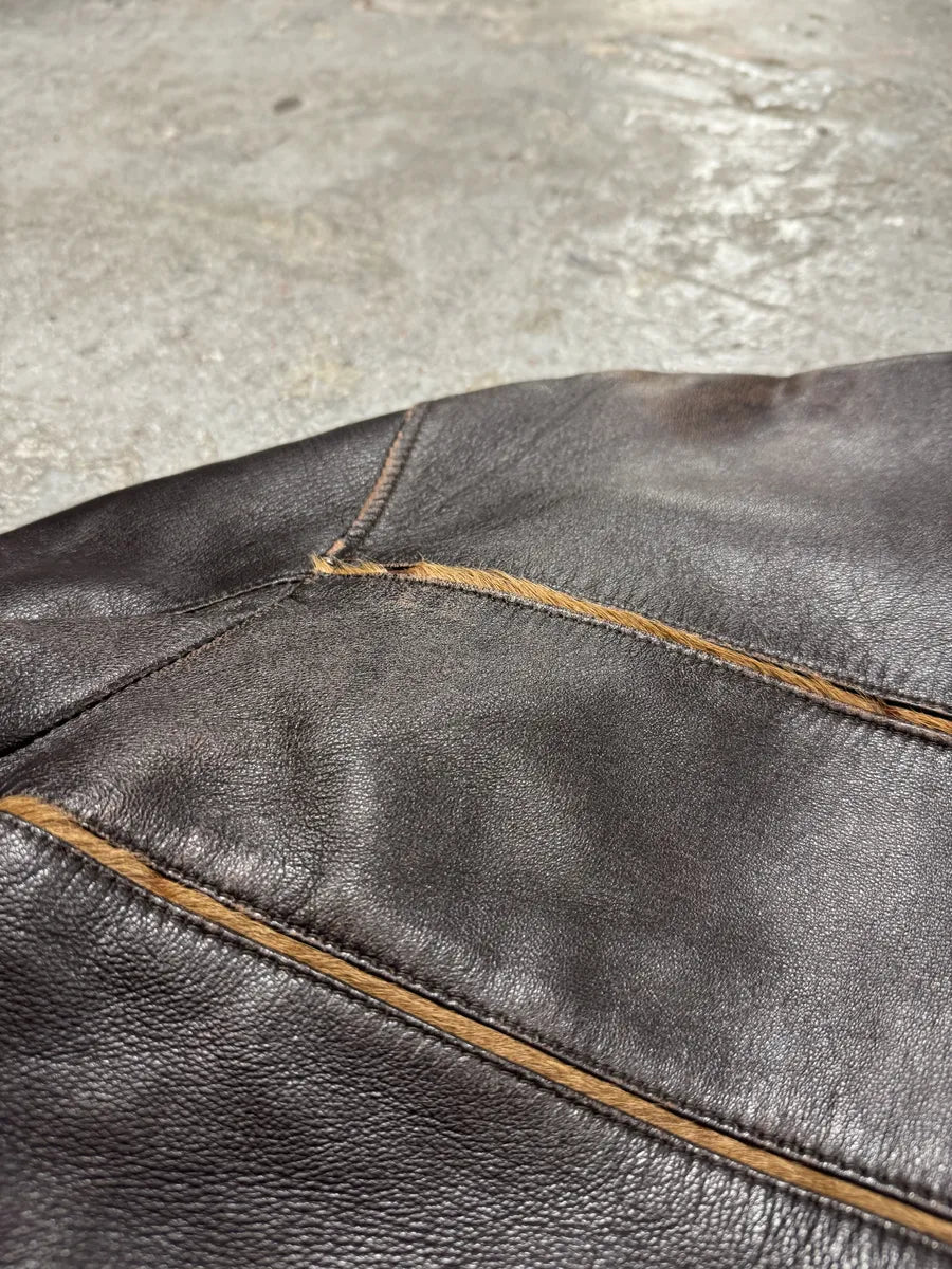 2000s Brown Italian Leather Pony Hair Leopard Biker Jacket SfINCtl 10