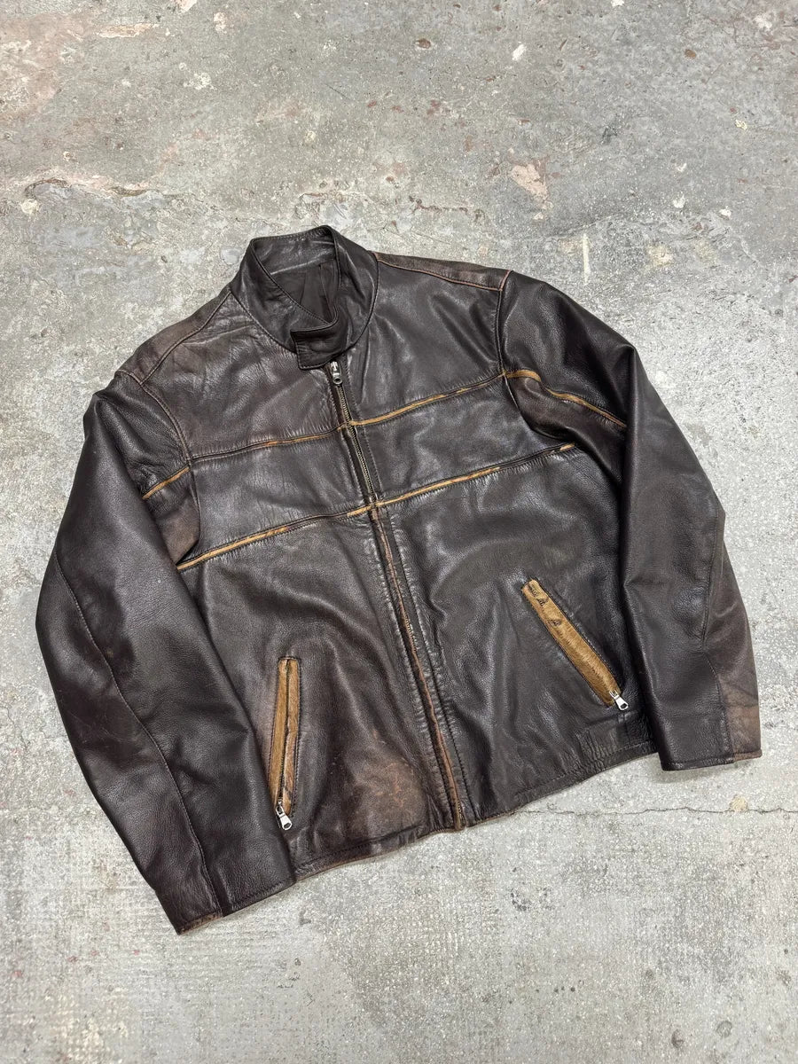 2000s Brown Italian Leather Pony Hair Leopard Biker Jacket SfINCtl 12