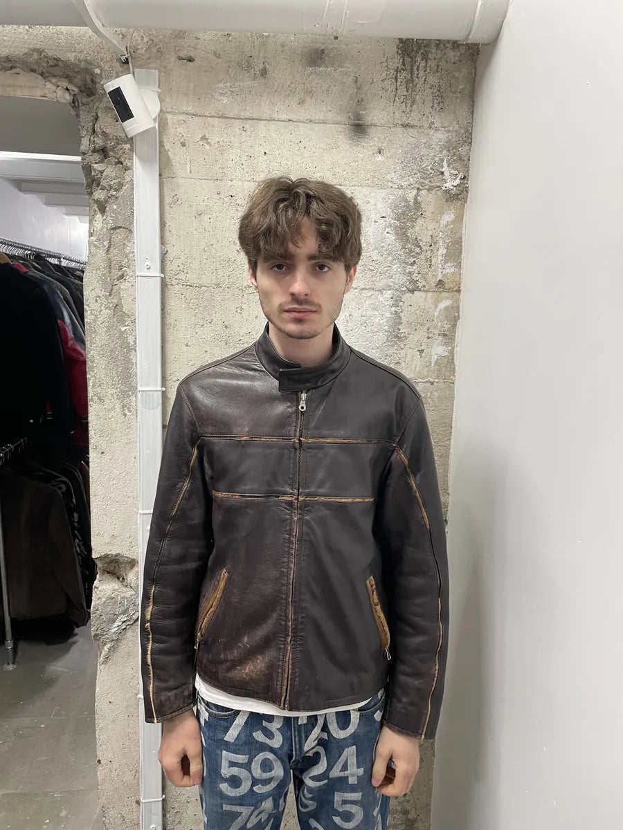 2000s Brown Italian Leather Pony Hair Leopard Biker Jacket SfINCtl 3