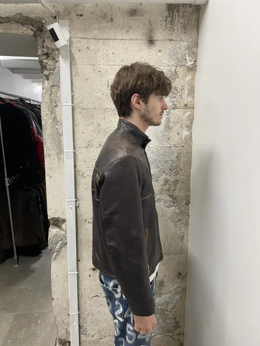 2000s Brown Italian Leather Pony Hair Leopard Biker Jacket SfINCtl 5