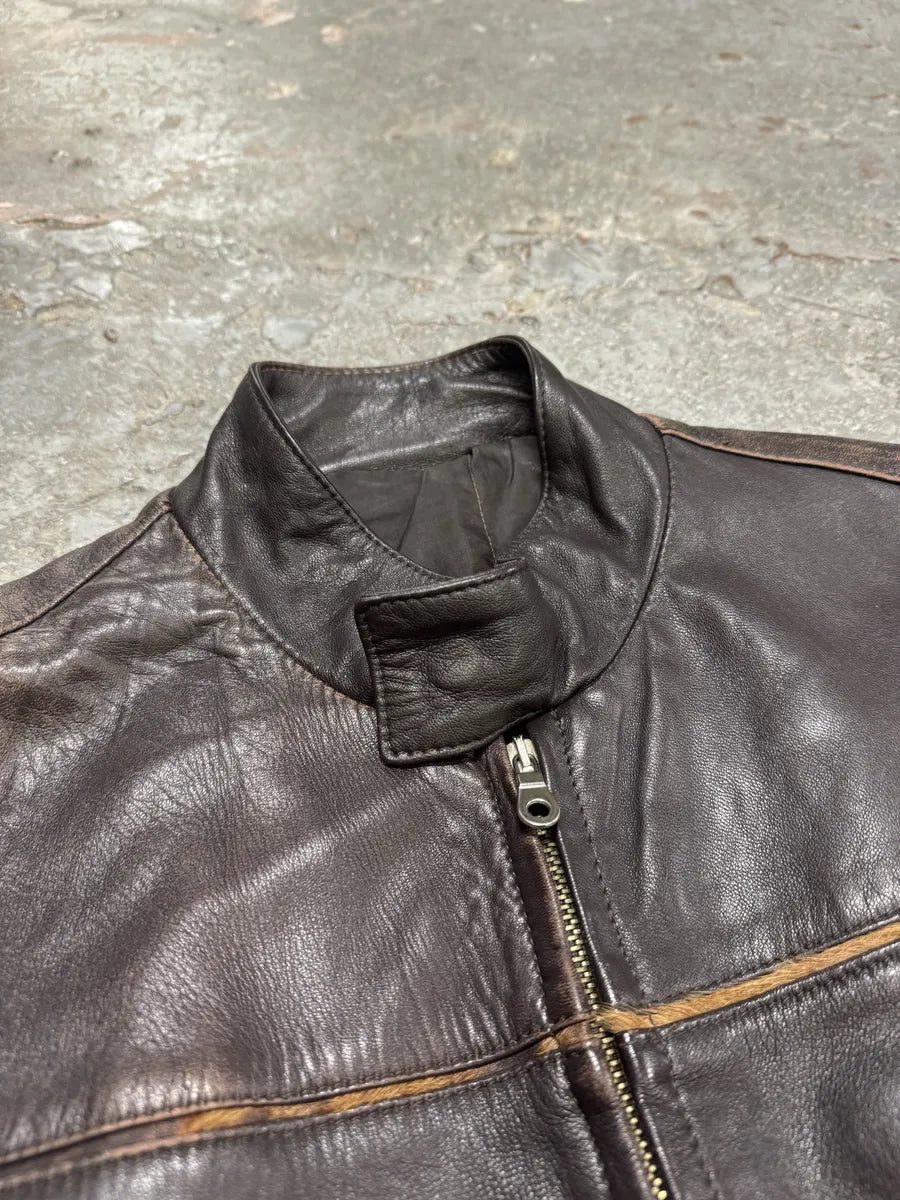 2000s Brown Italian Leather Pony Hair Leopard Biker Jacket SfINCtl 6