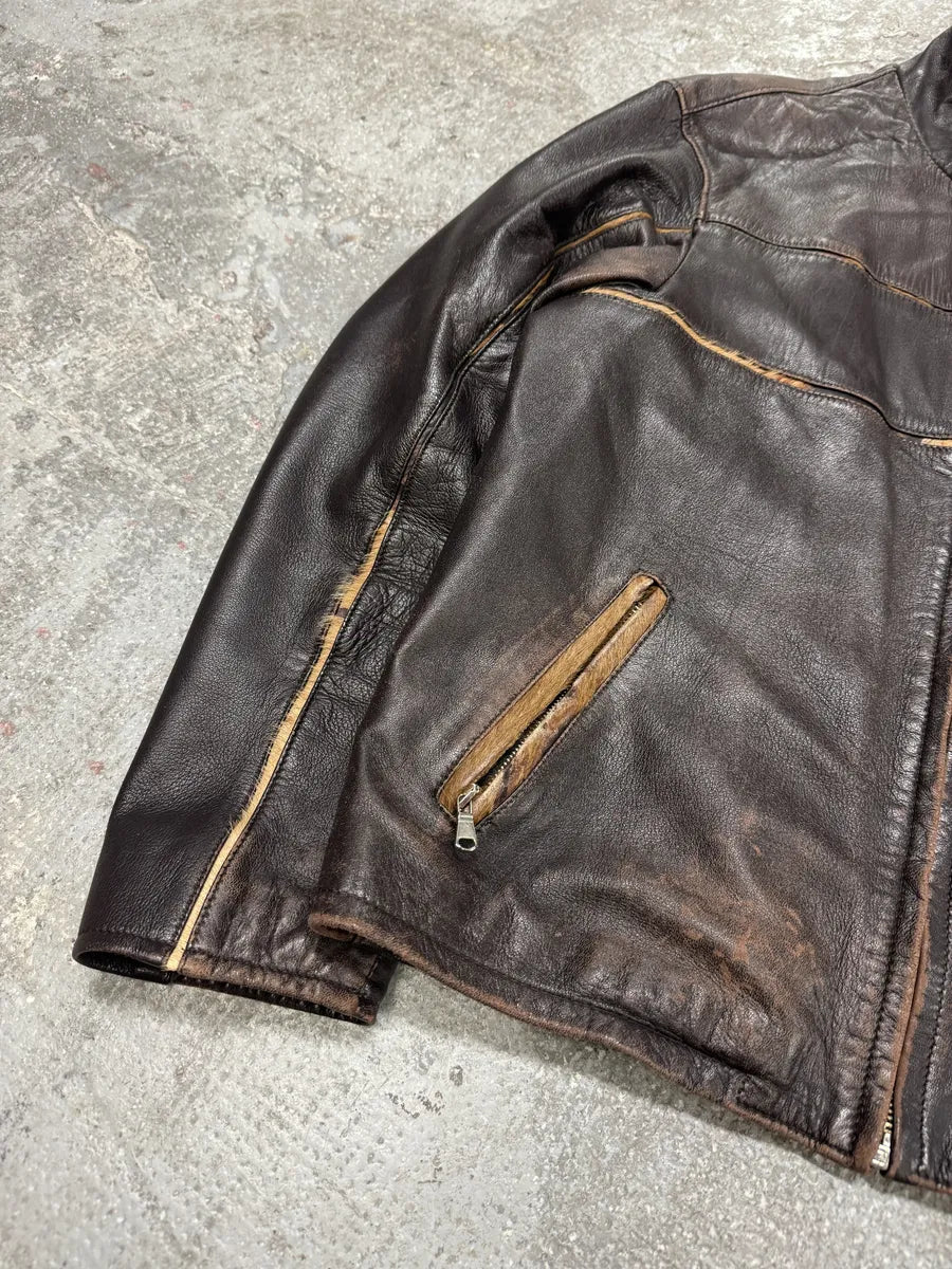 2000s Brown Italian Leather Pony Hair Leopard Biker Jacket SfINCtl 7