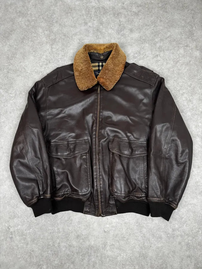 2000s Burberry Aviator Brown Leather Jacket NUOmeTw 0