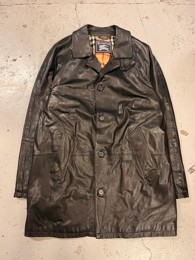 2000s Burberry Black Leather Trench Coat rPCTzHt 2