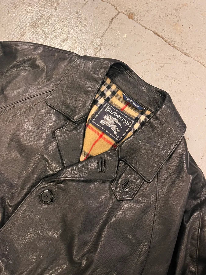 2000s Burberry Black Leather Trench Coat rPCTzHt 4