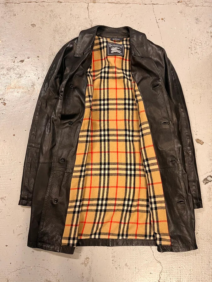 2000s Burberry Black Leather Trench Coat rPCTzHt 7