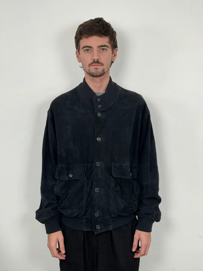 2000s Burberry Navy Black Suede Leather Buttoned Classy Jacket HluzokL 1