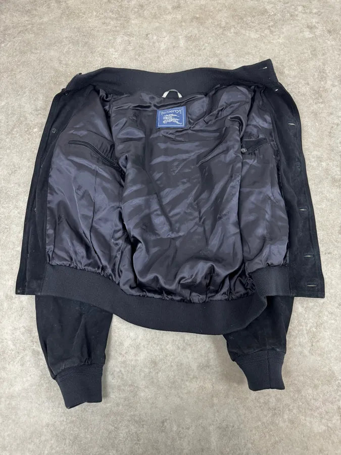 2000s Burberry Navy Black Suede Leather Buttoned Classy Jacket HluzokL 6