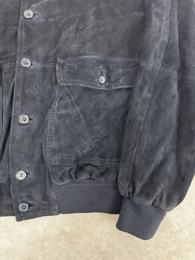 2000s Burberry Navy Black Suede Leather Buttoned Classy Jacket HluzokL 7