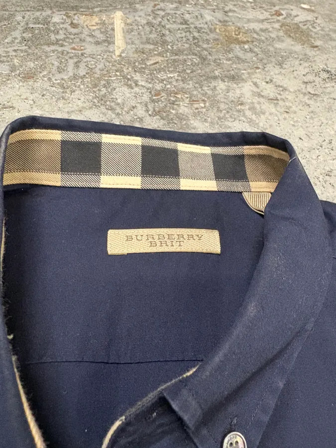 2000s Burberry Navy Tartan Minimalist Shirt (M) HMfBhaW 9