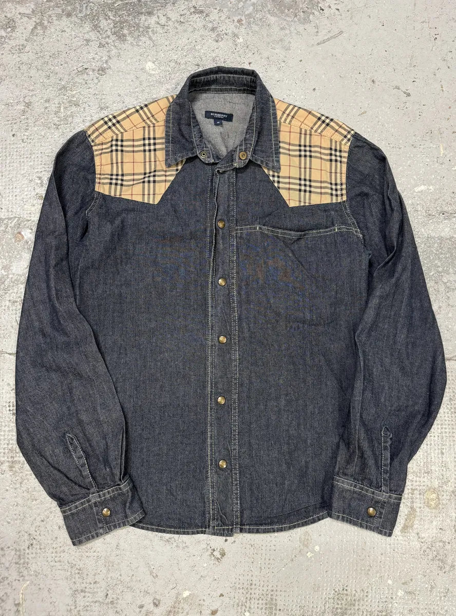 2000s Burberry Tartan Blue Denim Shirt ZnJRCZs 0