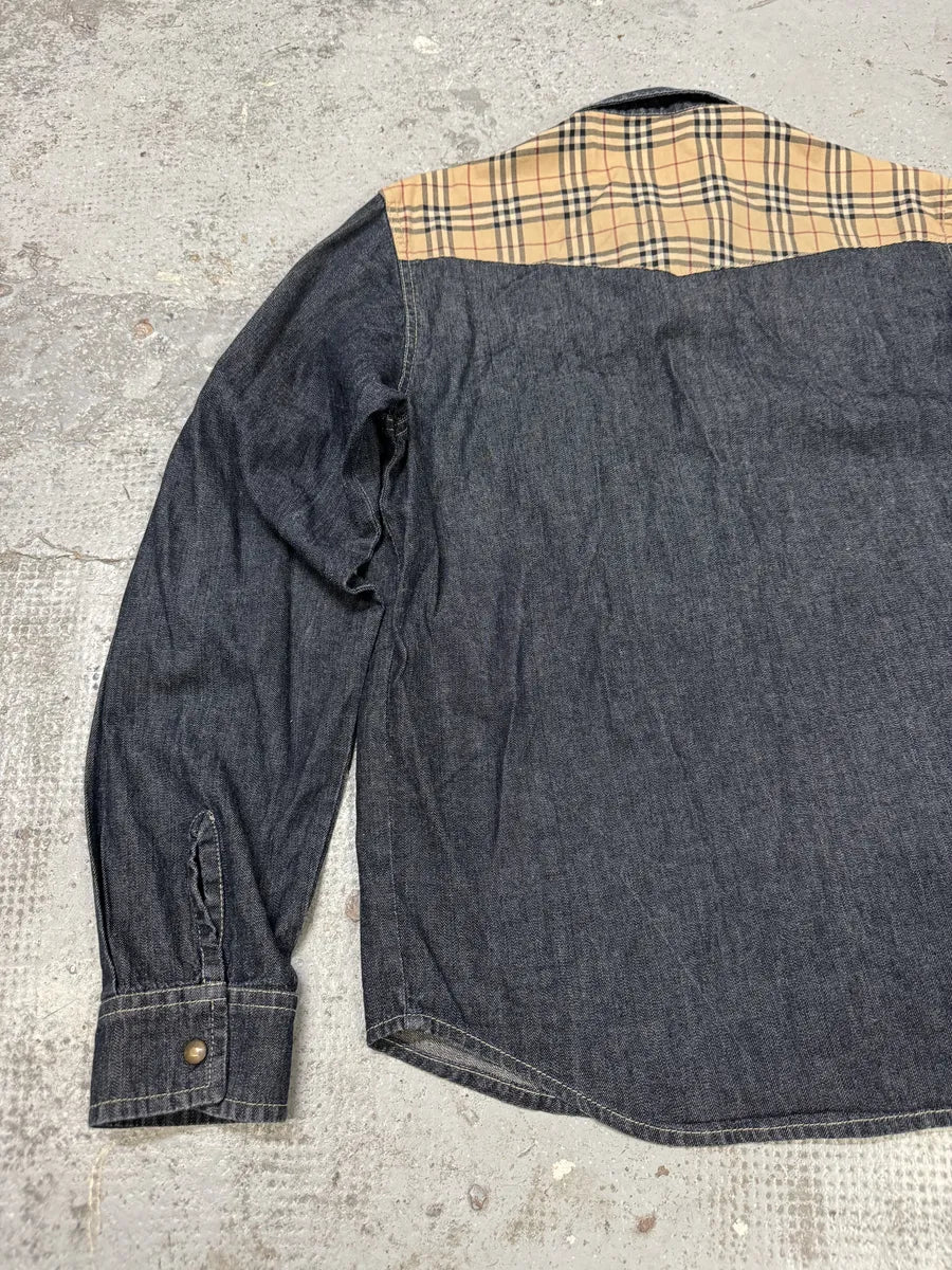 2000s Burberry Tartan Blue Denim Shirt ZnJRCZs 5