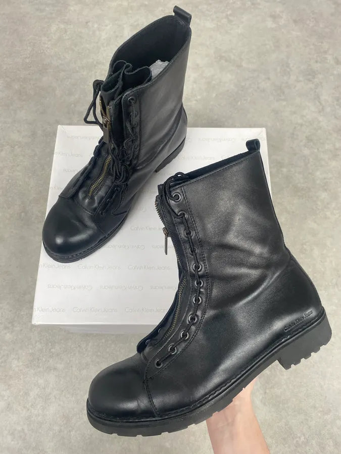 2000s Calvin Klein Ultra Zip Black Ankle Leather Boots TBqutOm 0